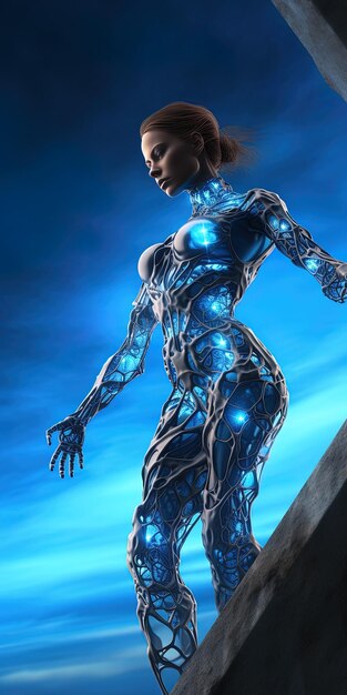 una mujer con un cuerpo futurista de pie en una repisa