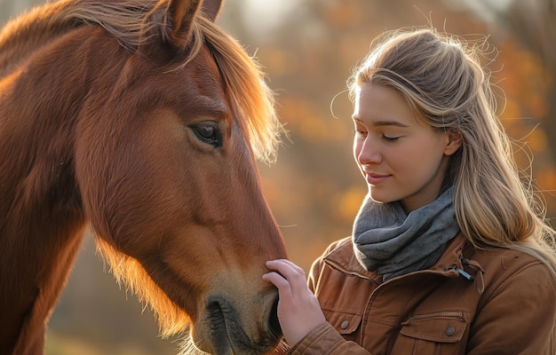 Una mujer cuidando a un caballo