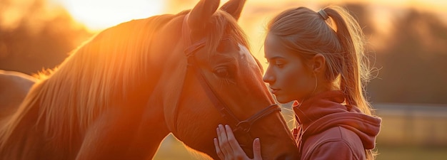 Una mujer cuidando a un caballo