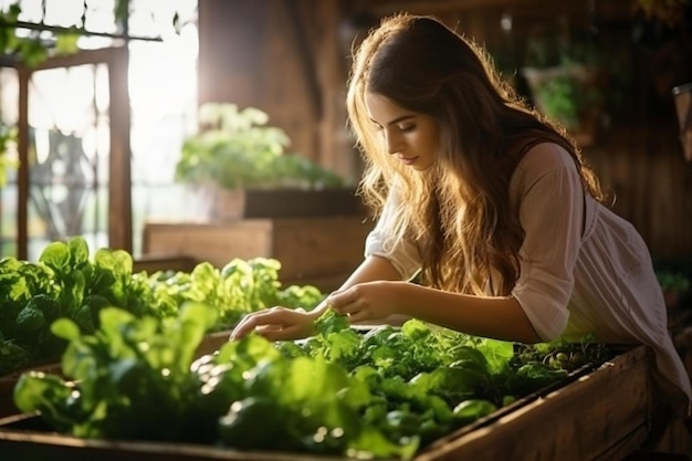 Una mujer cuidando la lechuga en un invernadero.