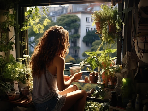 Mujer cuidando plantas en el balcón