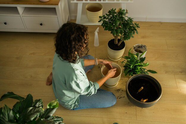 La mujer cultiva plantas en macetas en el hogar, riega y cuida las flores, la jardinería y el cuidado de las plantas domésticas.