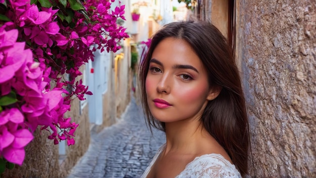 Foto mujer curiosa vagando por una pintoresca ciudad costera calles adoquinadas bougainvillea cascada