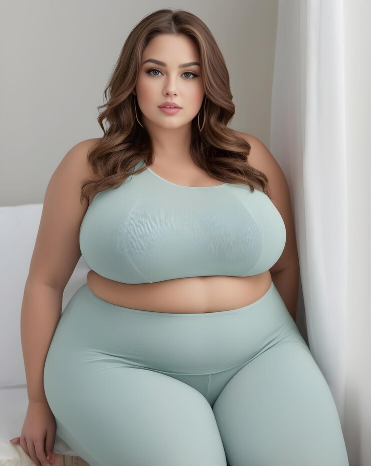 Mujer con curvas en ropa de deporte verde salvia