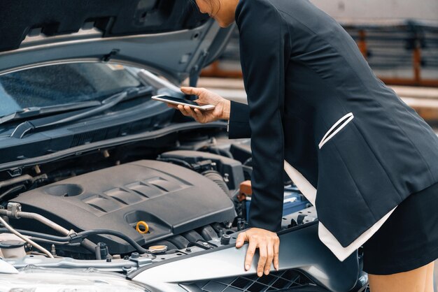 Foto mujer cuya avería de coche llama a un servicio de reparación uds