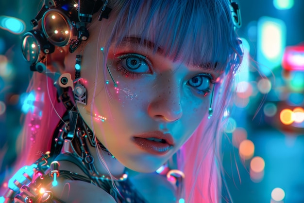 Mujer cyberpunk futurista con luces de neón e implantes tecnológicos Retrato en primer plano