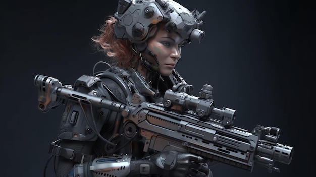 Mujer cyborg con una ametralladora sobre un fondo oscuro generativo ai