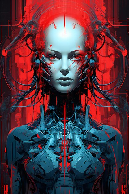 Mujer cyborg con armadura cibernética en fondo rojo Ilustración digital