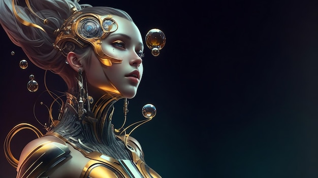 Mujer cyborg de belleza sobre imagen de fondo de tecnología digital líquida con ai generado