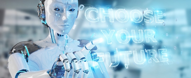 Mujer cyborg blanca que usa la futura decisión de la interfaz de texto renderizado 3D