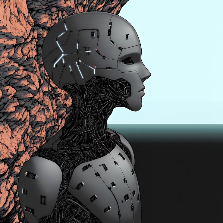 Foto mujer cyborg con cables expuestos y un fondo rocoso
