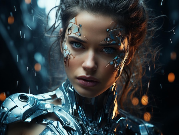 Mujer cyborg, contra el fondo de la ciudad nocturna, fantástica, generada por la IA.
