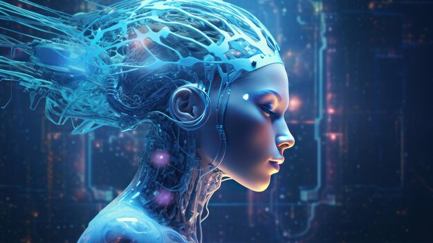 Mujer cyborg futurista con conexiones neuronales transparentes