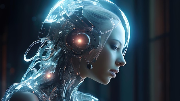 Mujer cyborg robot de ciencia ficción neón generación de IA