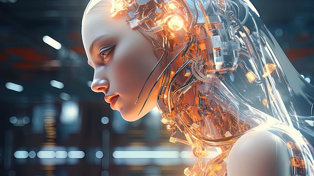 Mujer cyborg robot de ciencia ficción neón generación de IA