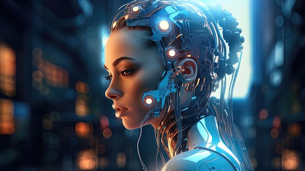 Mujer cyborg robot de ciencia ficción neón generación de IA