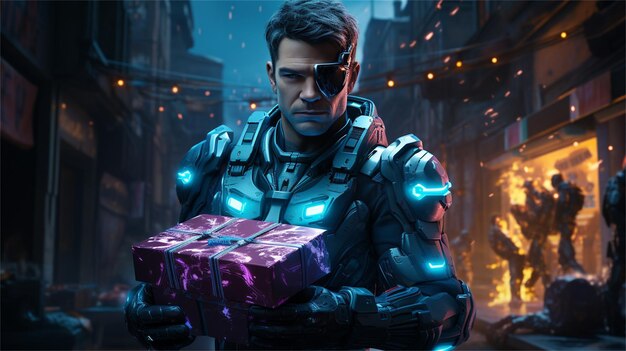 Mujer cyborg sosteniendo una caja de regalos en sus manos renderización 3D