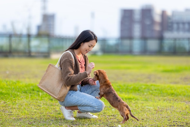 Una mujer le da a su perro un bocadillo en el parque.