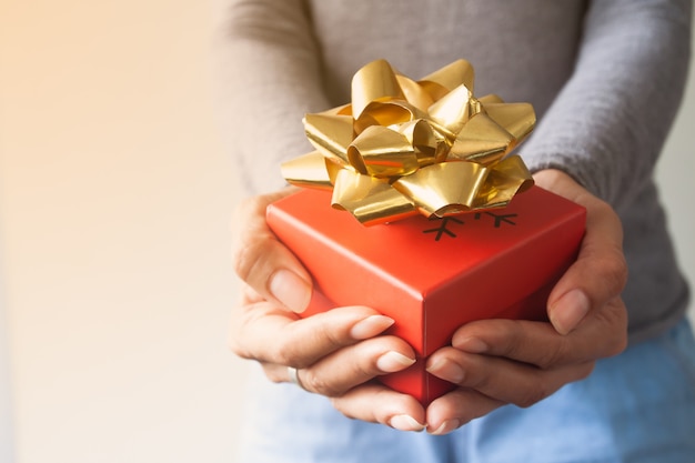 Mujer dando caja de regalo de Navidad. De cerca