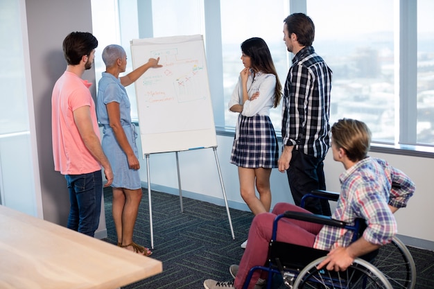 Mujer dando presentación a sus colegas en la oficina