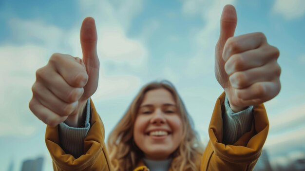 Foto una mujer está dando un pulgar hacia arriba con una sonrisa en la cara