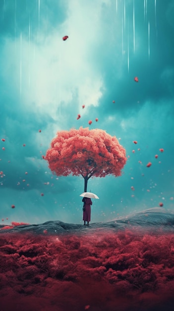 Una mujer se para debajo de un árbol con un paraguas rojo y la palabra amor.