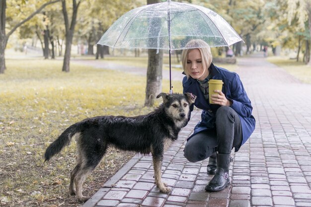 mujer, debajo, un, paraguas, con, un, perro, en el parque, amistad, de, hombre, y, perro