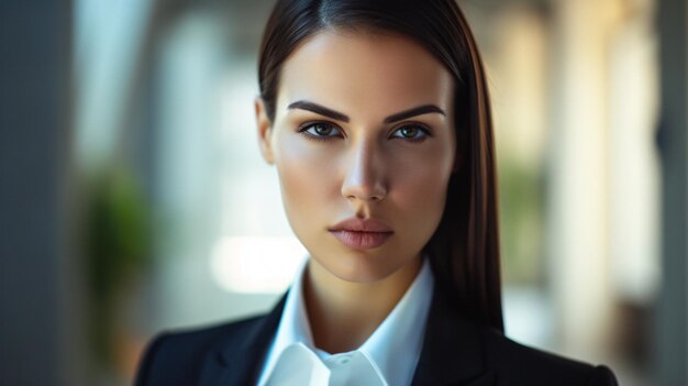 Foto una mujer decidida de más de 30 años exuda ambición con su mirada intensa y enfocada su cabello elegante y recto añade a su imagen profesional