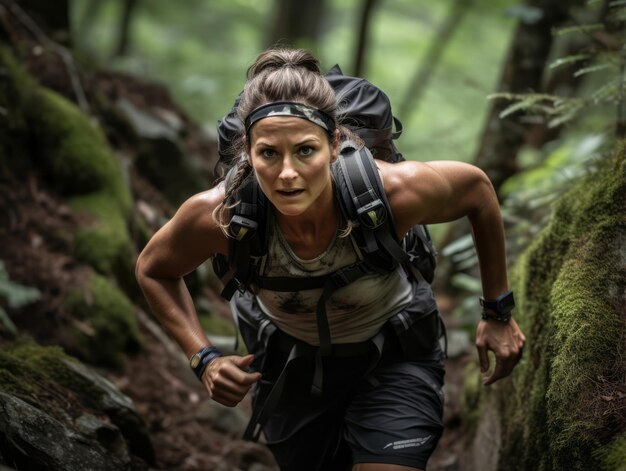 Foto mujer decidida sube un sendero de montaña empinado