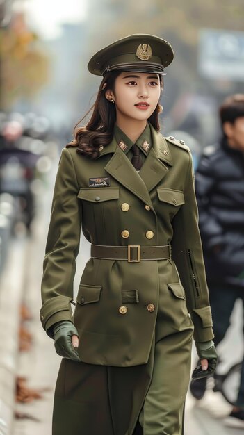 Foto mujer decidida en uniforme de oficial de la armada con medallas decorativas