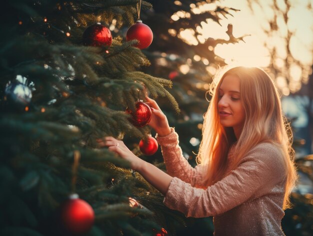 Mujer decorando un árbol de Navidad con adornos y luces.