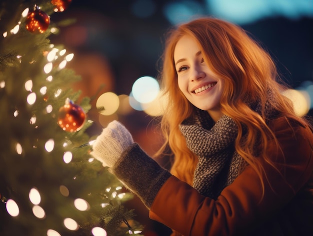 Mujer decorando un árbol de Navidad con adornos y luces.