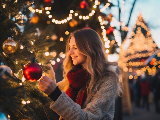 Mujer decorando un árbol de Navidad con adornos y luces.