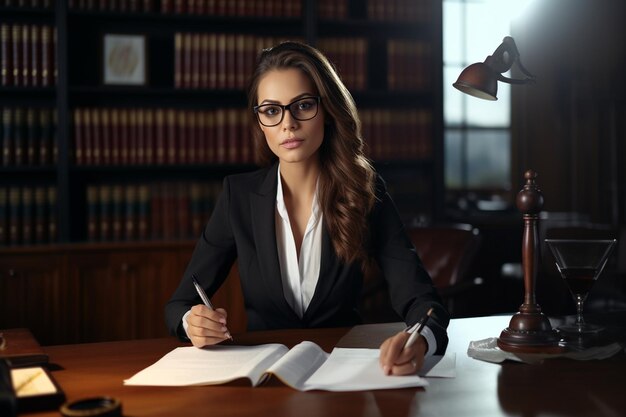 Foto mujer defensora con gafas trabajando en un documento de ia generativa