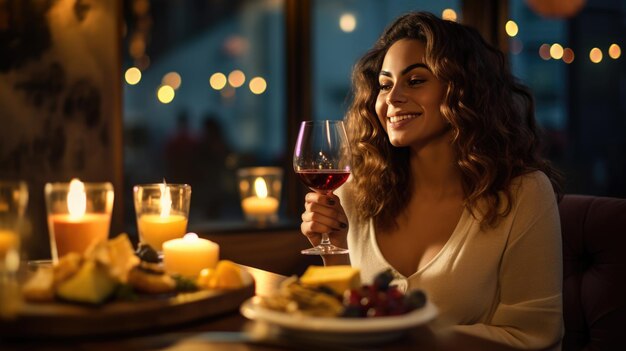 Una mujer degusta una variedad de quesos con vino en un restaurante