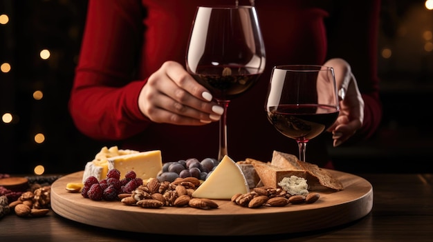 Una mujer degusta una variedad de quesos con vino en un restaurante