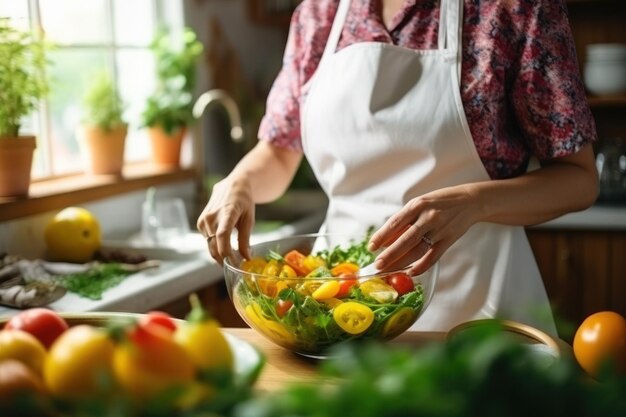 Foto una mujer con un delantal amarillo prepara una ensalada de verano en la cocina