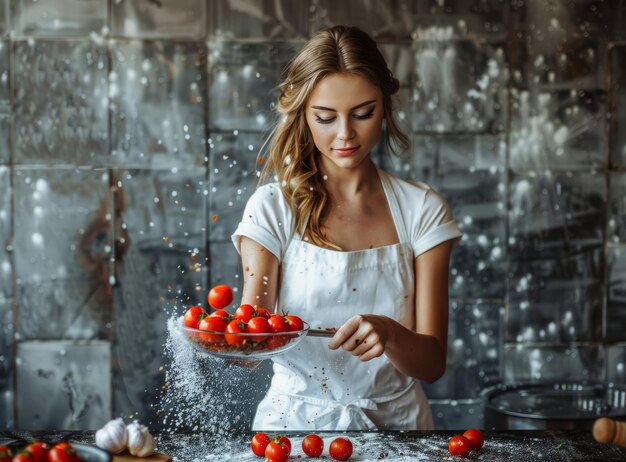 Foto mujer con delantal blanco lanzando tomates en la cocina