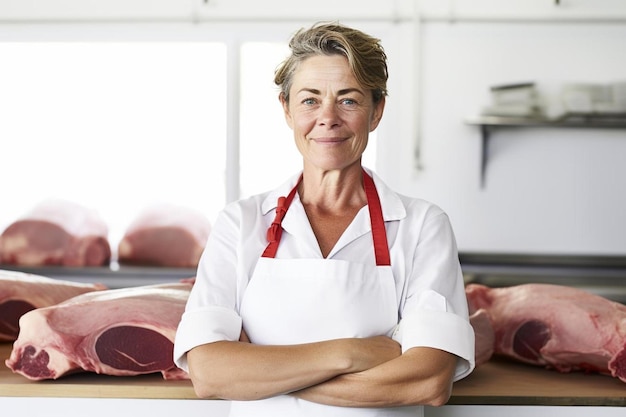 Foto una mujer con un delantal blanco está de pie frente a una mesa llena de carne