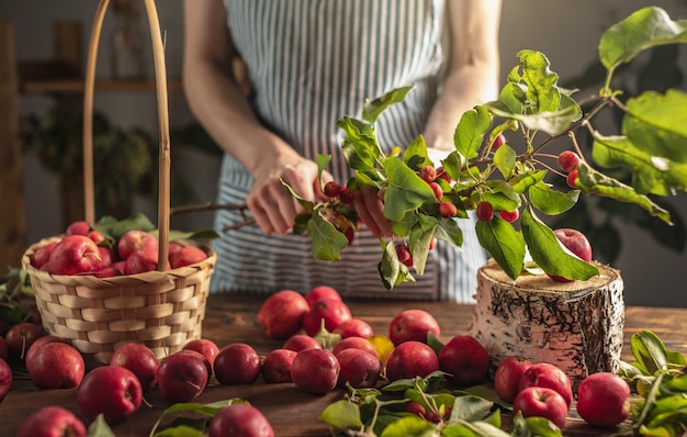 Mujer en un delantal en la cocina frente a una mesa con hermosas manzanas rojas de su jardín Concepto de un ambiente acogedor de otoño cosechando una cosecha casera fresca