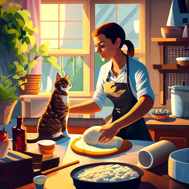 Una mujer con un delantal y un gato están preparando masa de pizza en la cocina AI_Generated