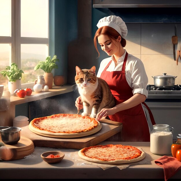 Una mujer con un delantal y un gato están preparando masa de pizza en la cocina AI_Generated