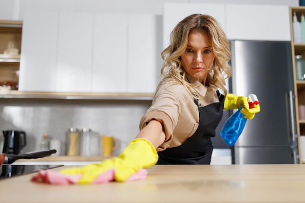 Mujer en delantal negro limpiando la cocina