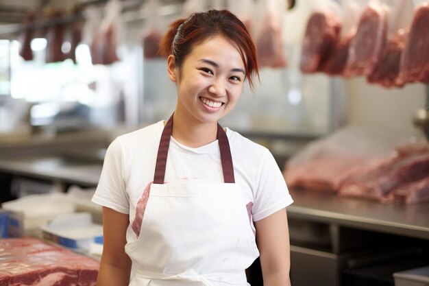 una mujer con un delantal con la palabra carne en él