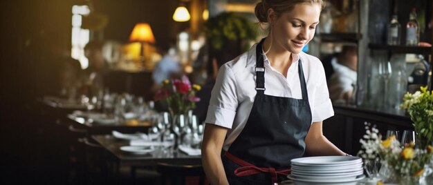 Foto una mujer con un delantal está de pie en una mesa con platos de comida