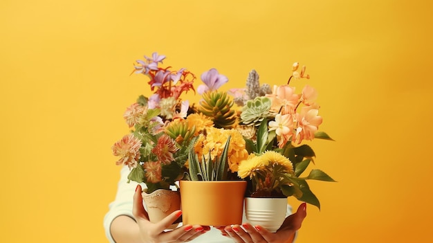 mujer en delantal con un ramo de flores en una olla sobre un fondo de color