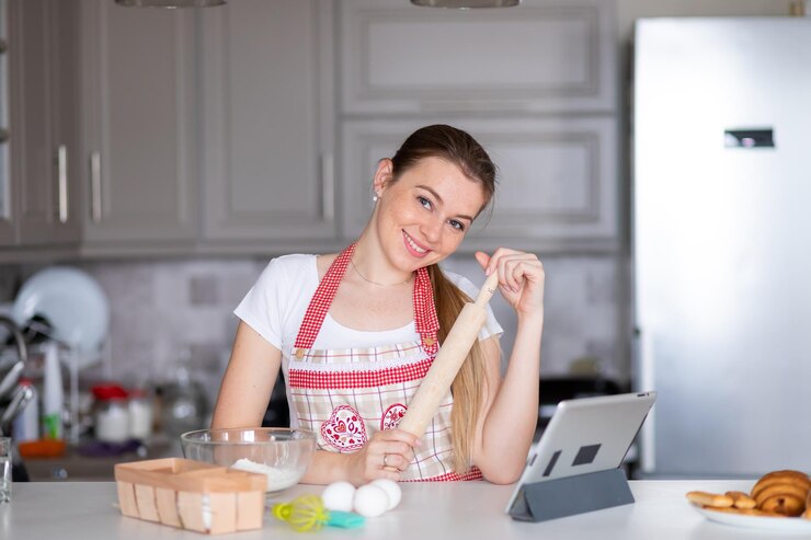 Foto mujer en delantal con rodillo en la cocina