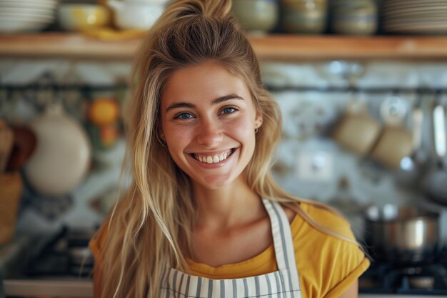 Una mujer con un delantal sonríe mientras hace las tareas domésticas en la cocina