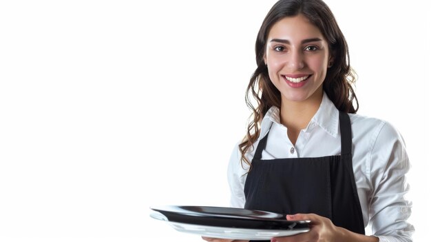 Foto mujer con delantal sosteniendo el plato