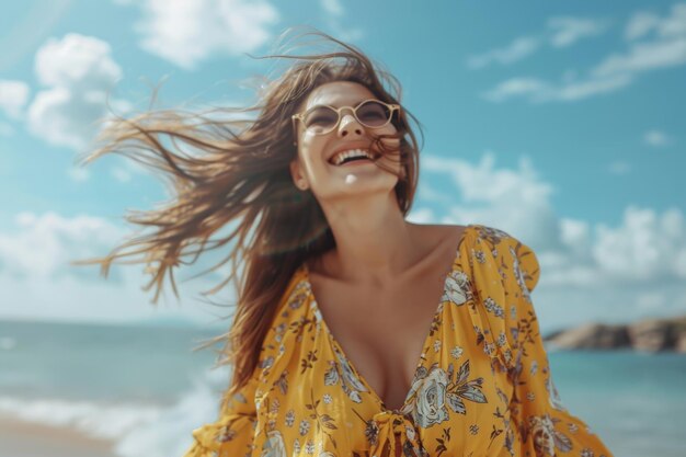 Foto mujer delgada y elegante en moda de verano en la playa